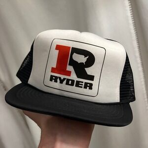 Vintage 90s Ryder Trucking Mesh Back Snapback Hat Black White Red Logo Mens OSFA
